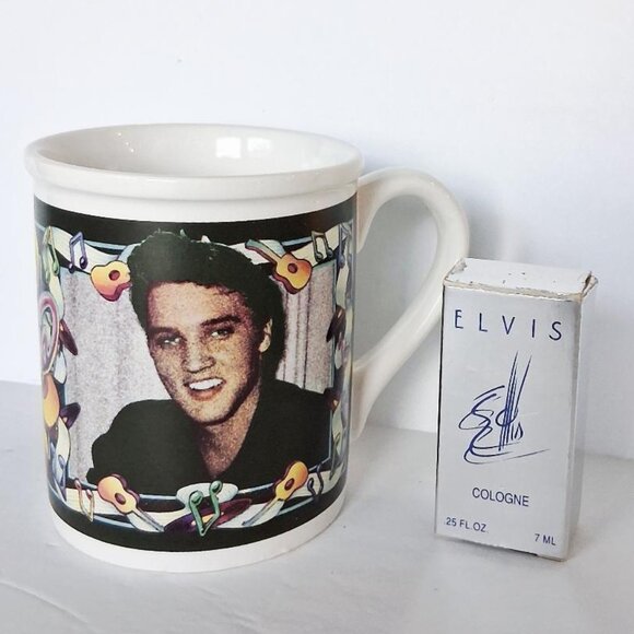 Vintage Elvis Fragrance Mini Bottle Original Box .25 Oz & Elvis Coffee Mug - Picture 1 of 10